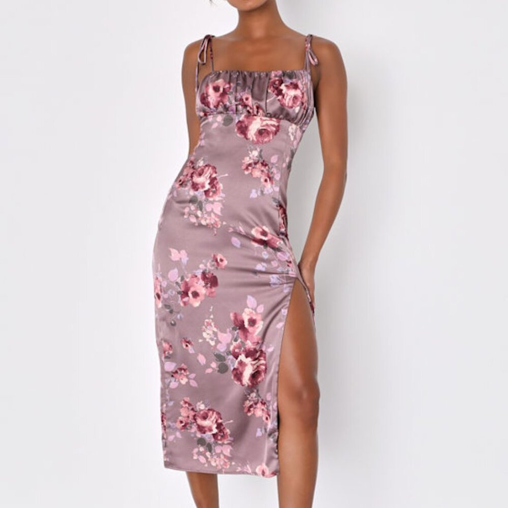 Lulus Fleur-ty Behavior Mauve Floral Satin Tie-strap Midi Dress Purple - Size S